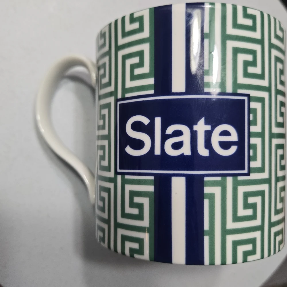 Jonathan Adler Slate Greek Key Pattern and Racing Stripe Coffee Mug Tea Cup